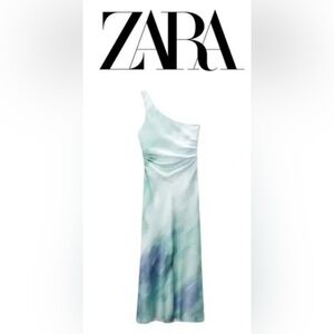 NWOT Zara One Shoulder Satin Aqua Dress